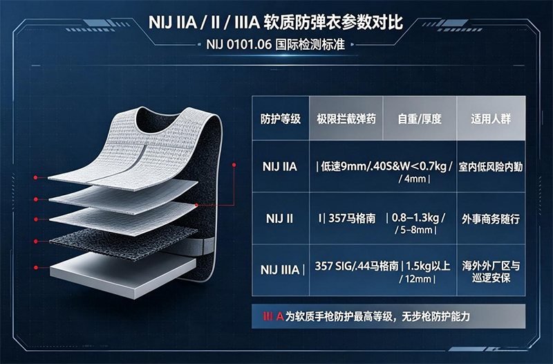 1.NIJ IIA II IIIA 参数对比图