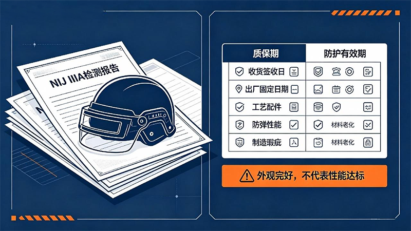 防弹头盔5年弹道防护有效期与厂家产品质保对比示意图，外贸安防装备标准科普