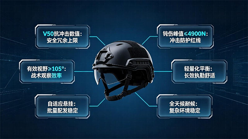 防弹头盔招投标六大核心技术参数拆解，V50、钝伤峰值4900N、有效视野105°、悬挂、耐候性能