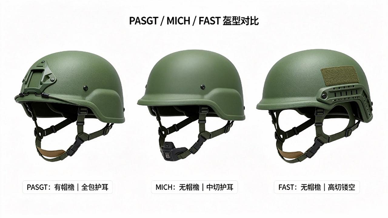 PASGT MICH FAST防弹头盔外观对比图鉴，PASGT带帽檐全包护耳，MICH中切护耳，FAST高切镂空护耳.