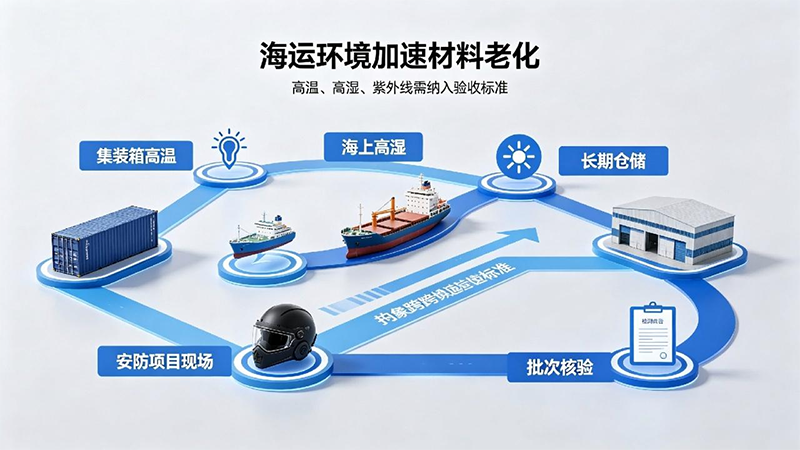 PE与芳纶防弹头盔海运仓储环境下材料老化风险解析示意图，安防外贸供应链风险